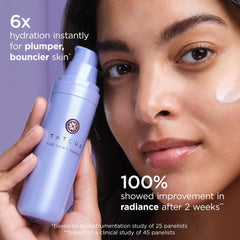 TATCHA serum applied on hand demonstrating lightweight absorption and plumpness