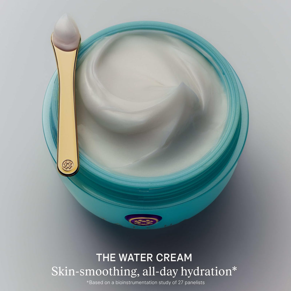 TATCHA open jar with cream texture demonstrating water-burst, non-greasy feel