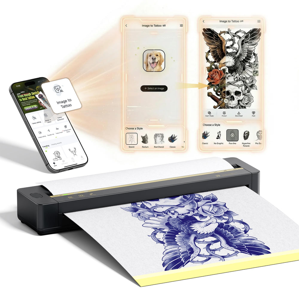 TATTMUSE front view showing compact printer and fast stencil output benefit