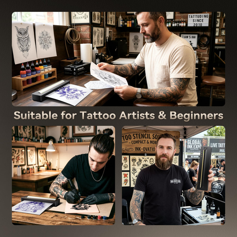 TATTMUSE in use by tattoo artist showing fast stencil placement on skin