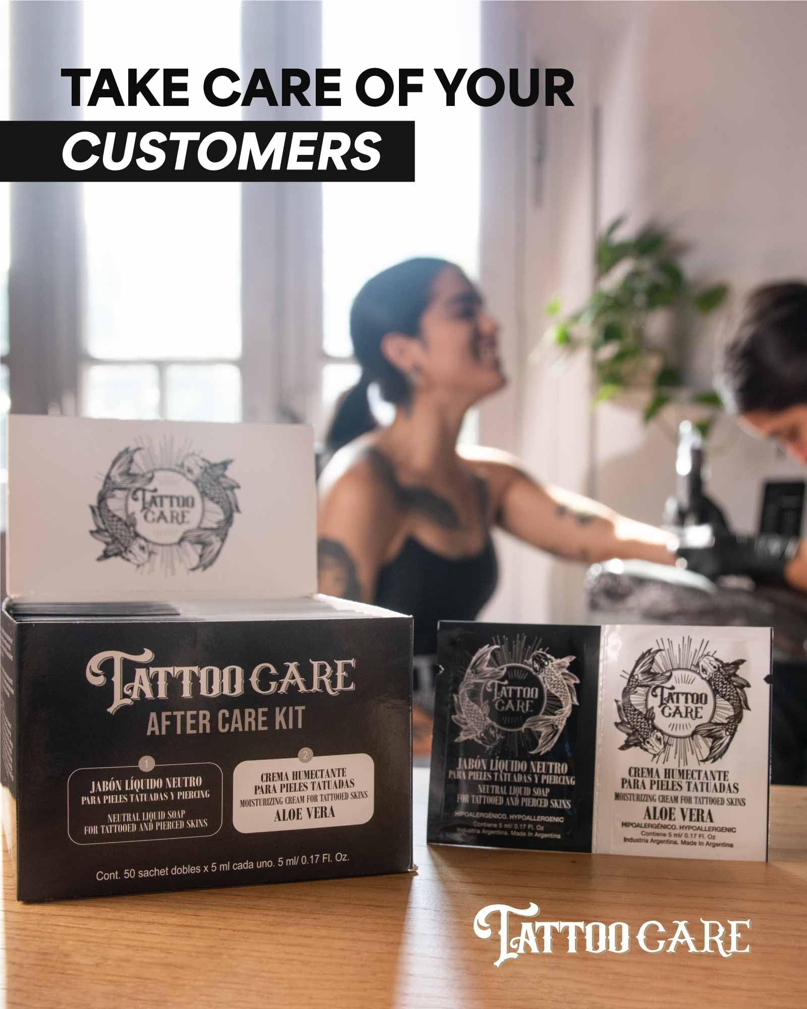 Tattoo Care size comparison in hand illustrating compact packs for travel convenience