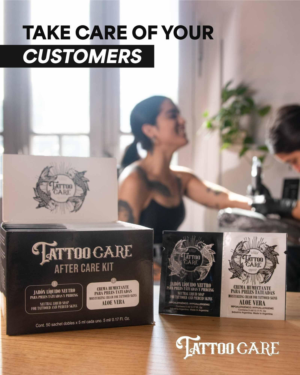 Tattoo Care size comparison in hand illustrating compact packs for travel convenience