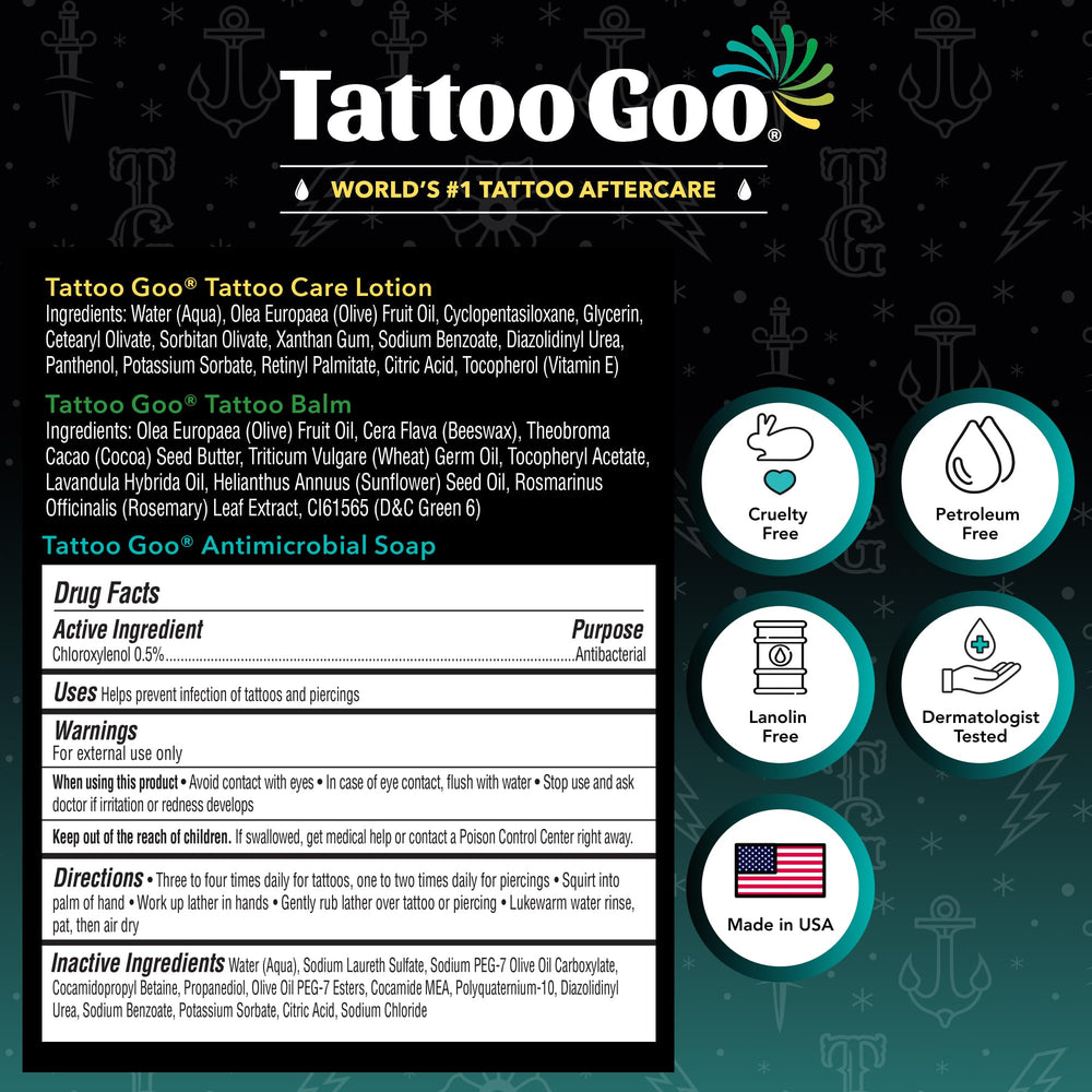 Tattoo Goo set on bathroom shelf showing daily aftercare convenience