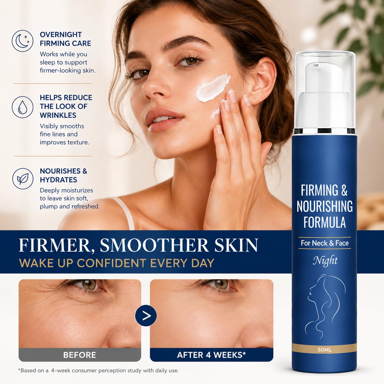 TAYUSH Chelsea Lab applying cream to neck demonstrating firmer-looking skin