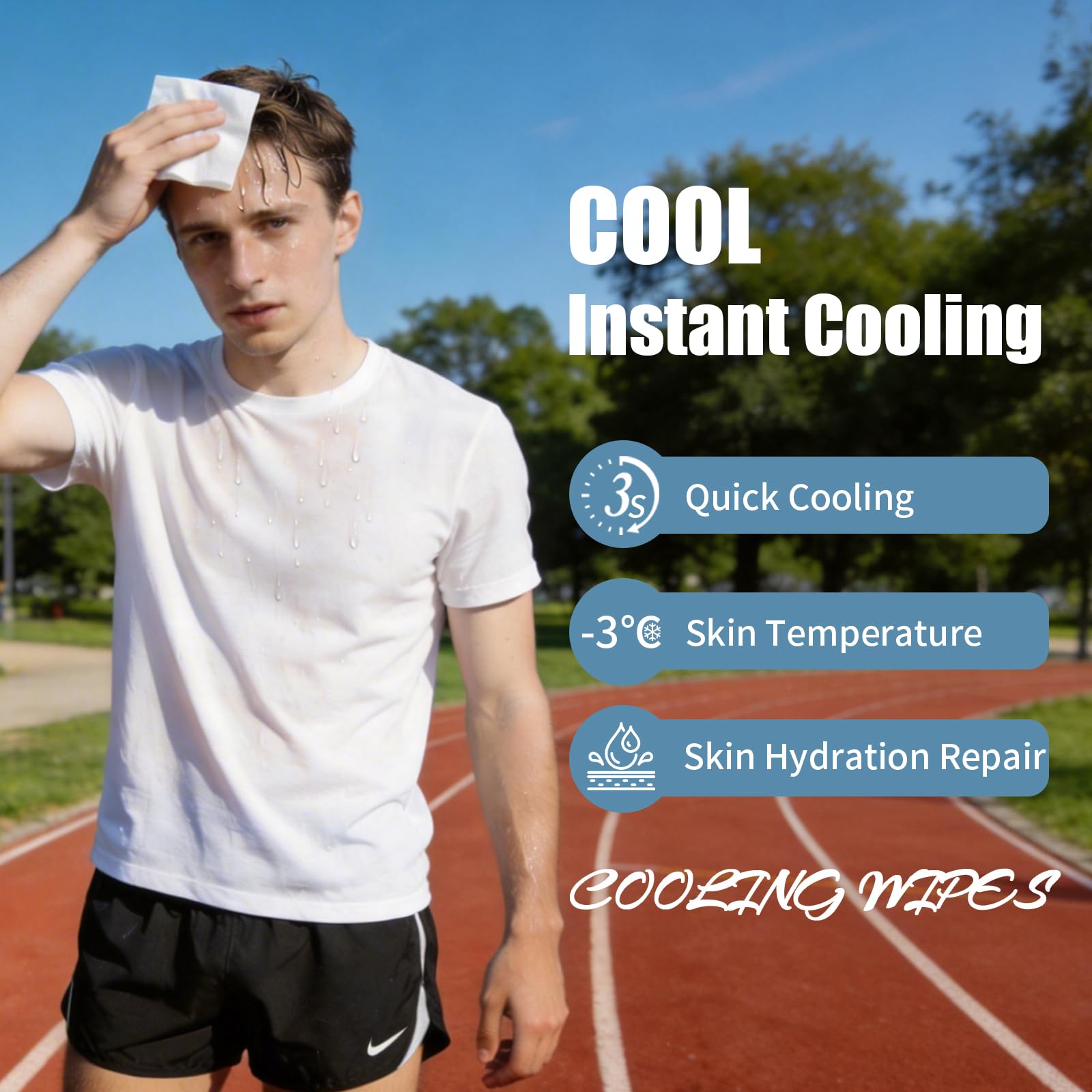 TCANG athlete using wipe outdoors for fast cooling after exercise