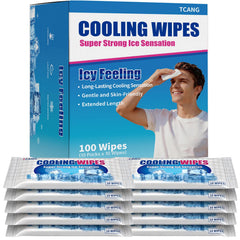 TCANG front packaging showing box of 100 wipes and cooling benefits