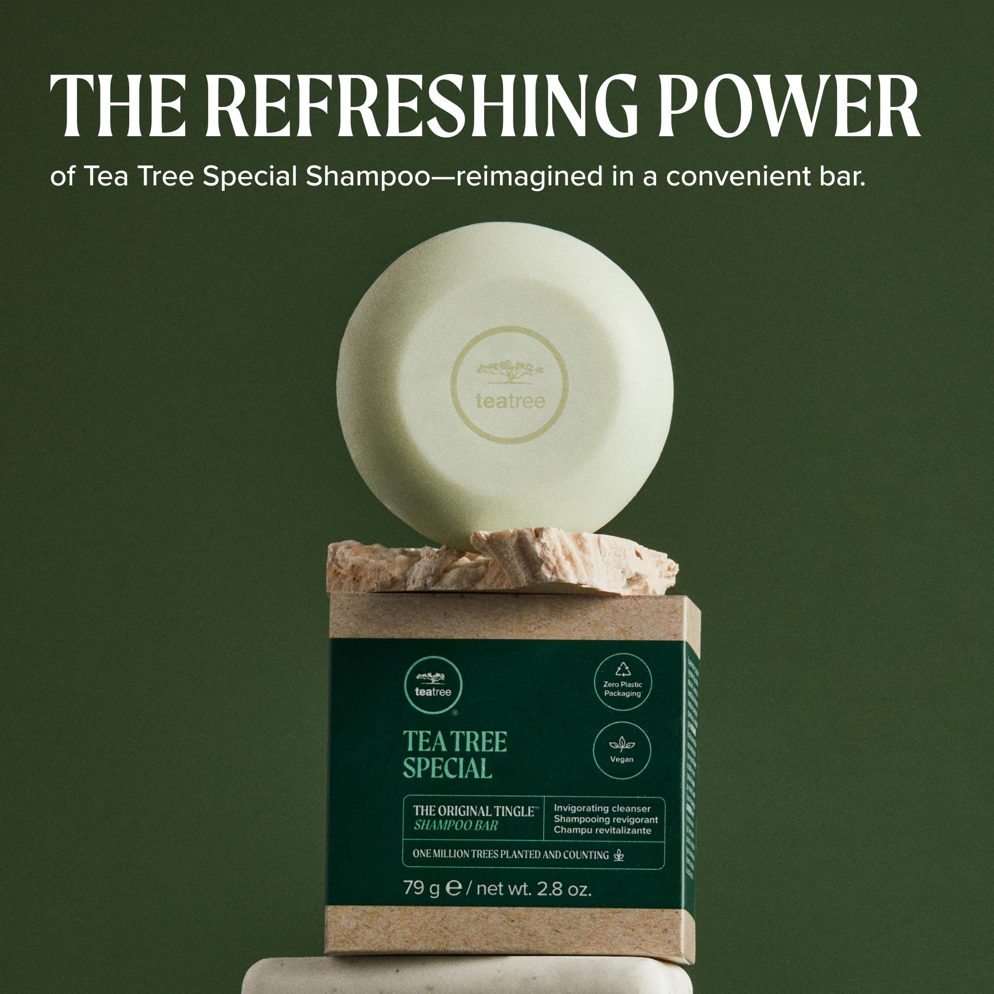 Tea Tree bar resting on draining soap dish to extend product life