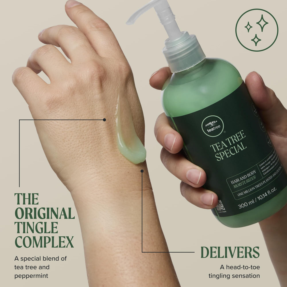 Tea Tree lotion on forearm demonstrating quick hydration and non-greasy feel