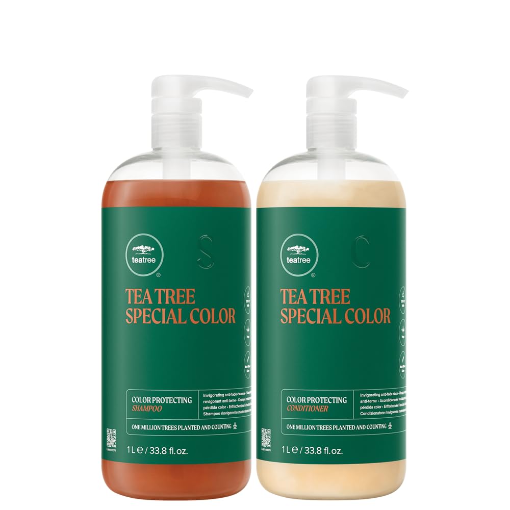 Tea Tree front packaging of shampoo and conditioner showing color-protection benefits