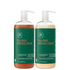 Tea Tree front packaging of shampoo and conditioner showing color-protection benefits