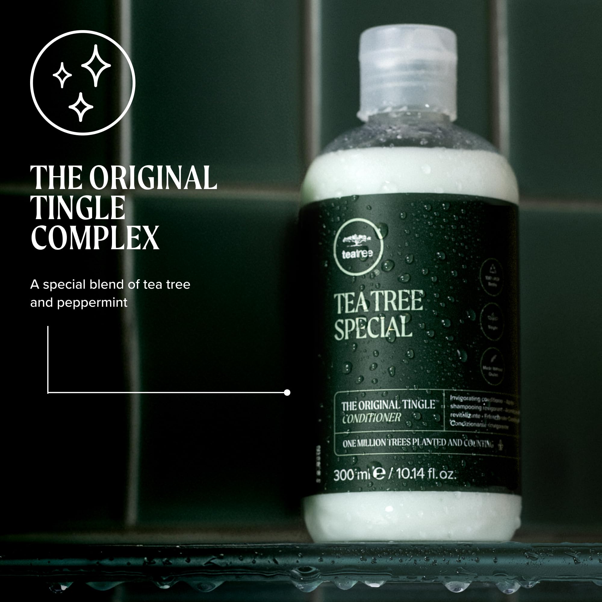 Tea Tree bottle beside a ruler for scale, clarifying the 10.14 fl oz size benefit