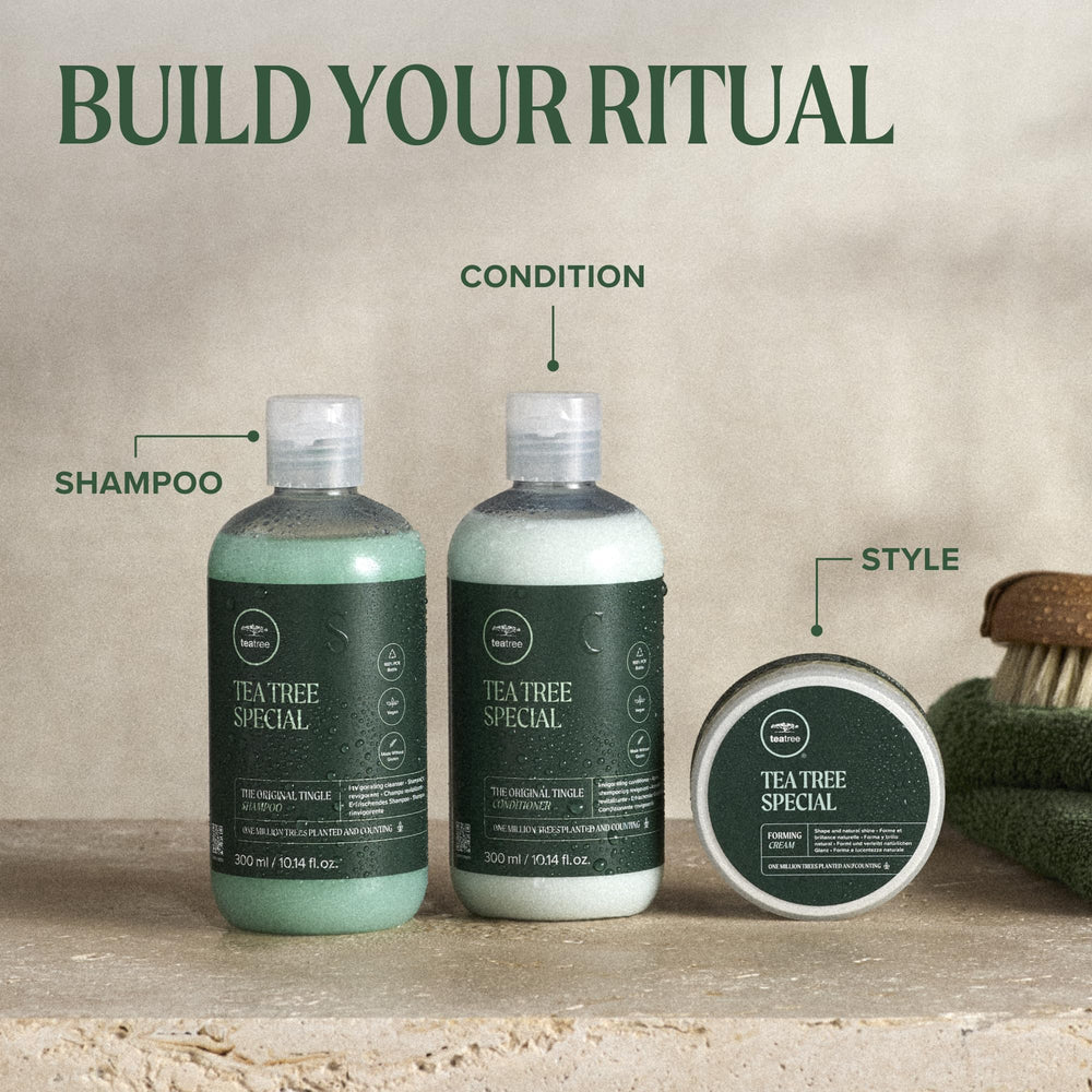 Side-by-side before and after showing fuller-looking hair using Tea Tree forming cream