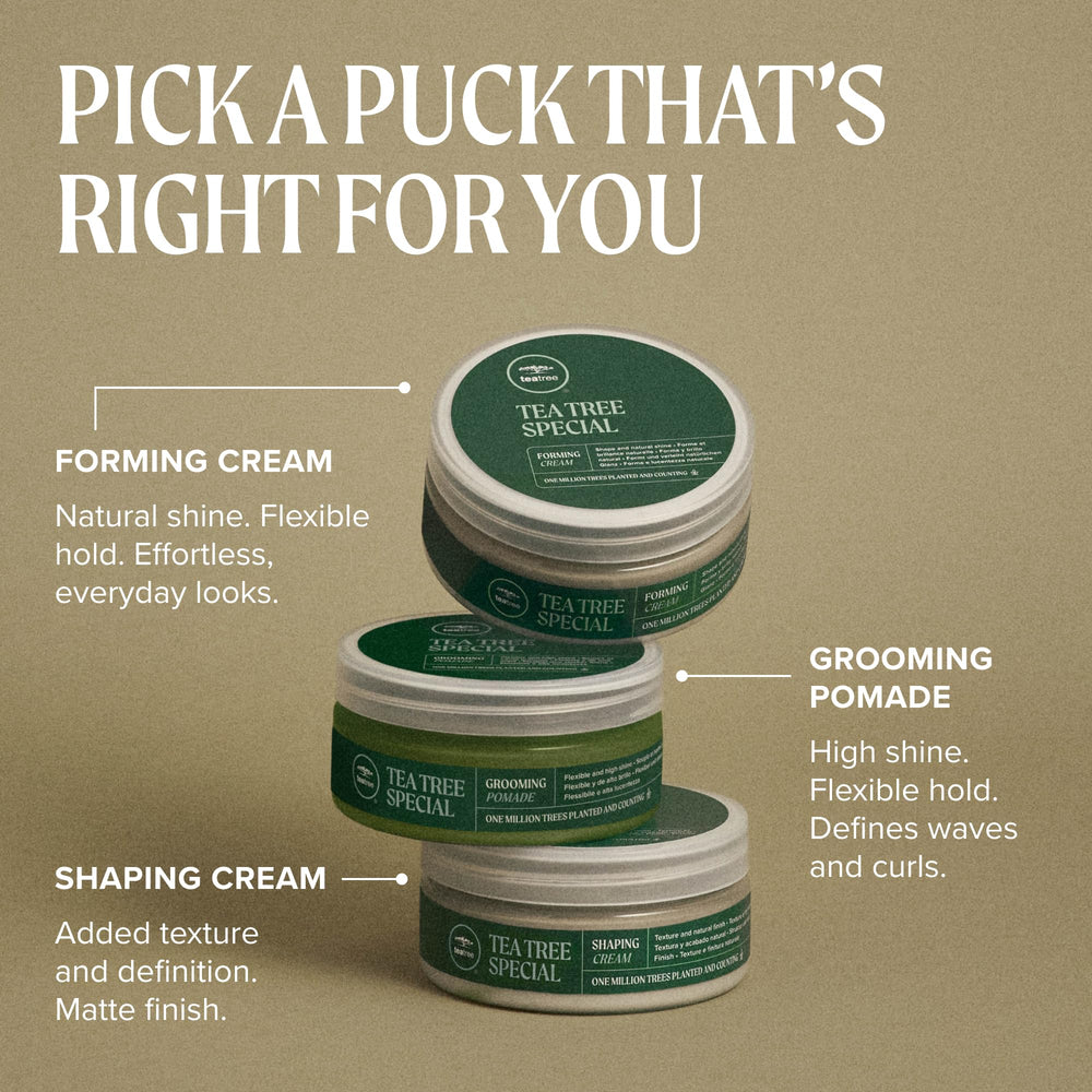 Tea tree leaves beside jar representing Tea Tree forming cream invigorating scent