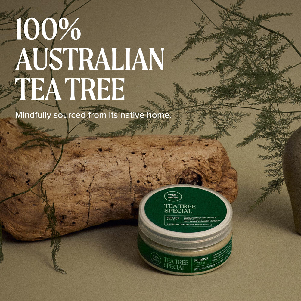 Label close-up of Tea Tree forming cream emphasizing product features and clarity
