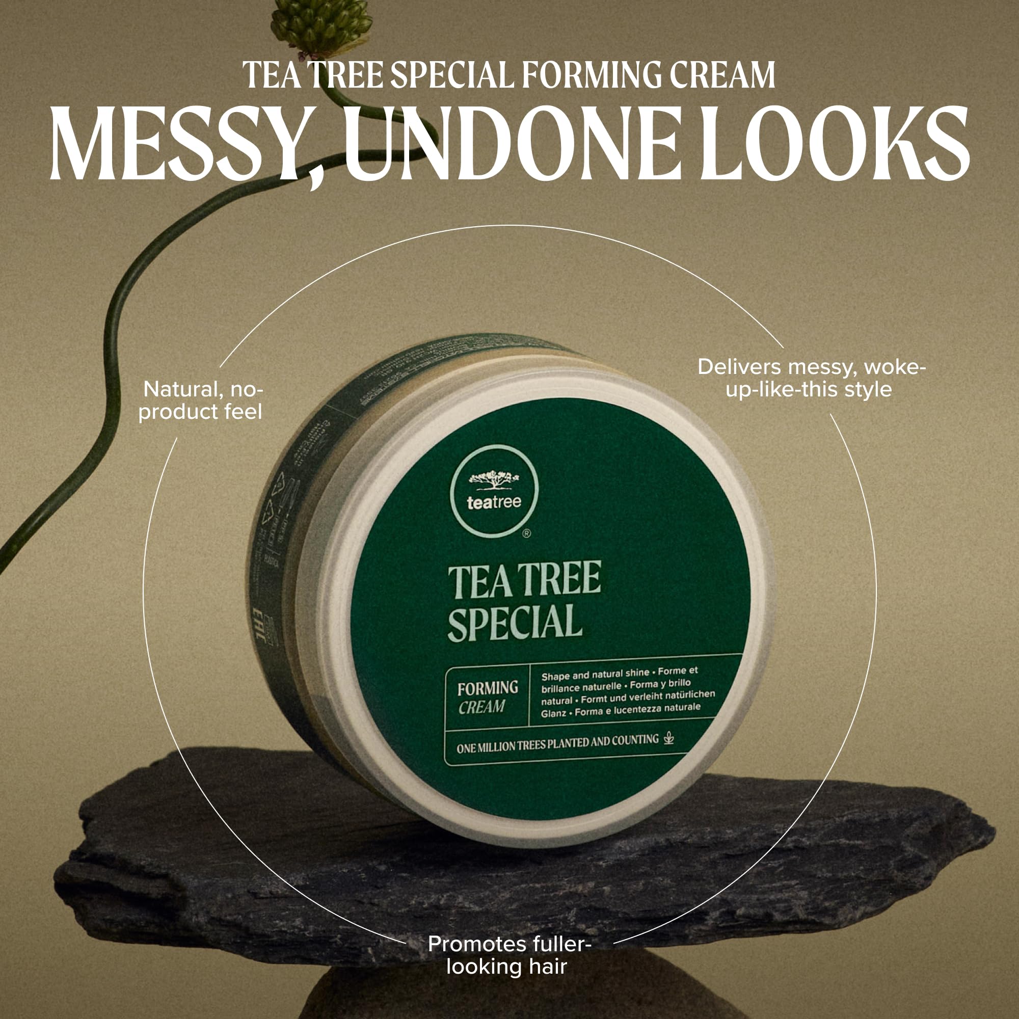 Model styling short hair with Tea Tree forming cream for natural, tousled finish benefit