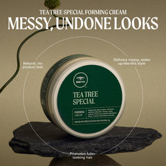 Model styling short hair with Tea Tree forming cream for natural, tousled finish benefit