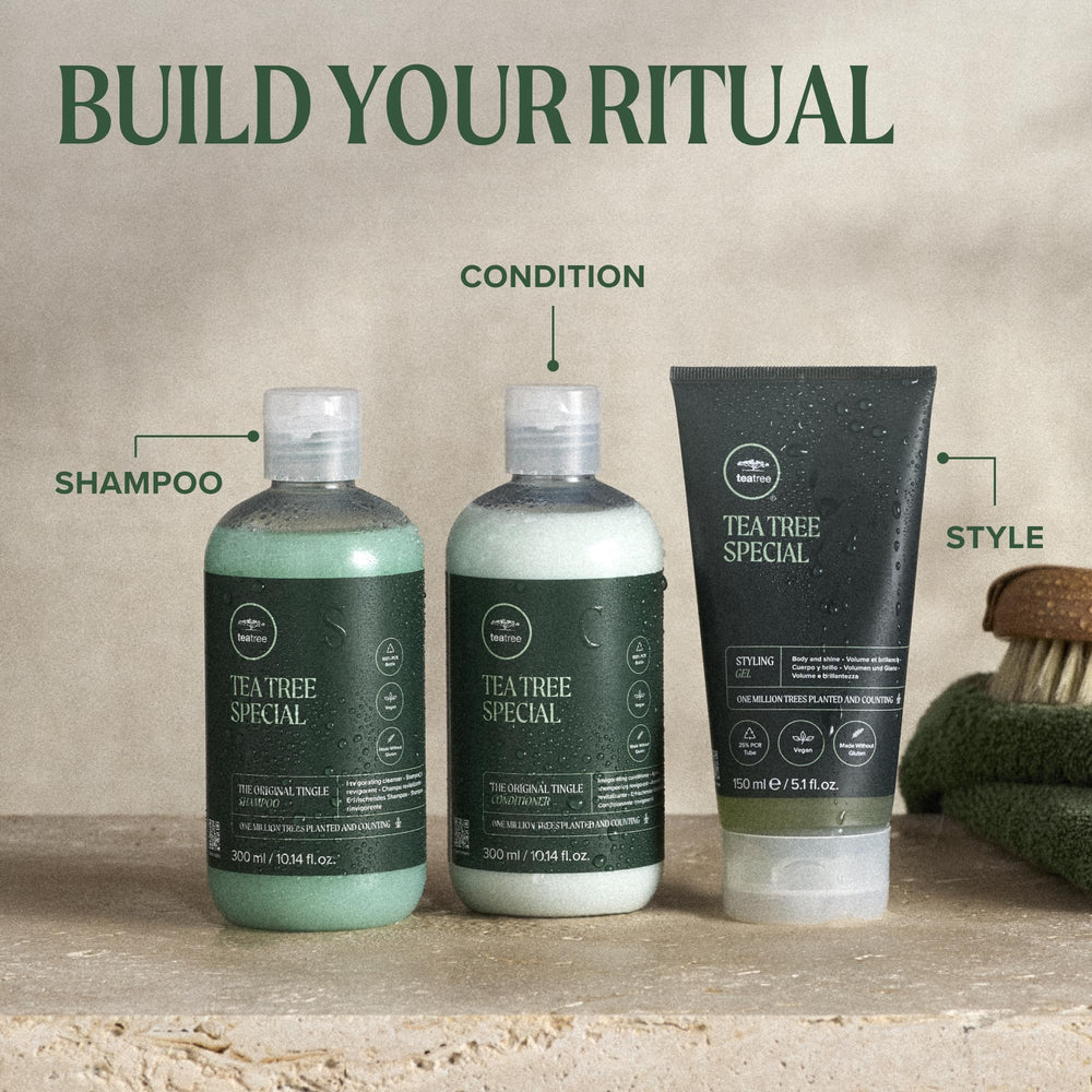 Tea Tree lifestyle on bathroom counter suggesting daily grooming
