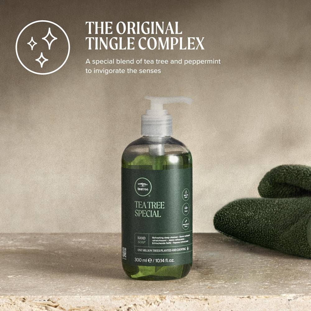 Tea Tree bottle styled on bathroom counter for a refreshing aesthetic benefit