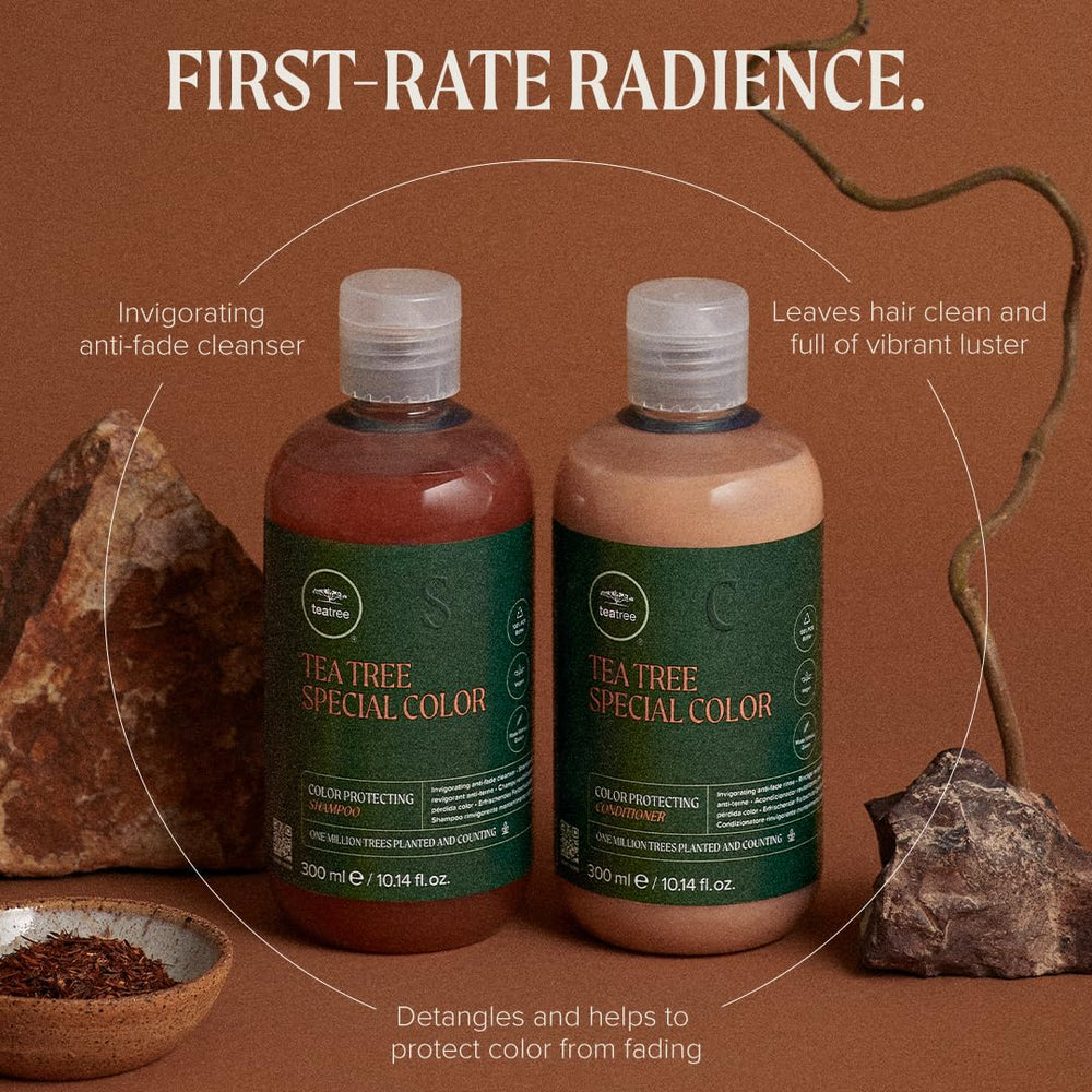Tea Tree label close-up highlighting ingredients and protective rooibos benefit
