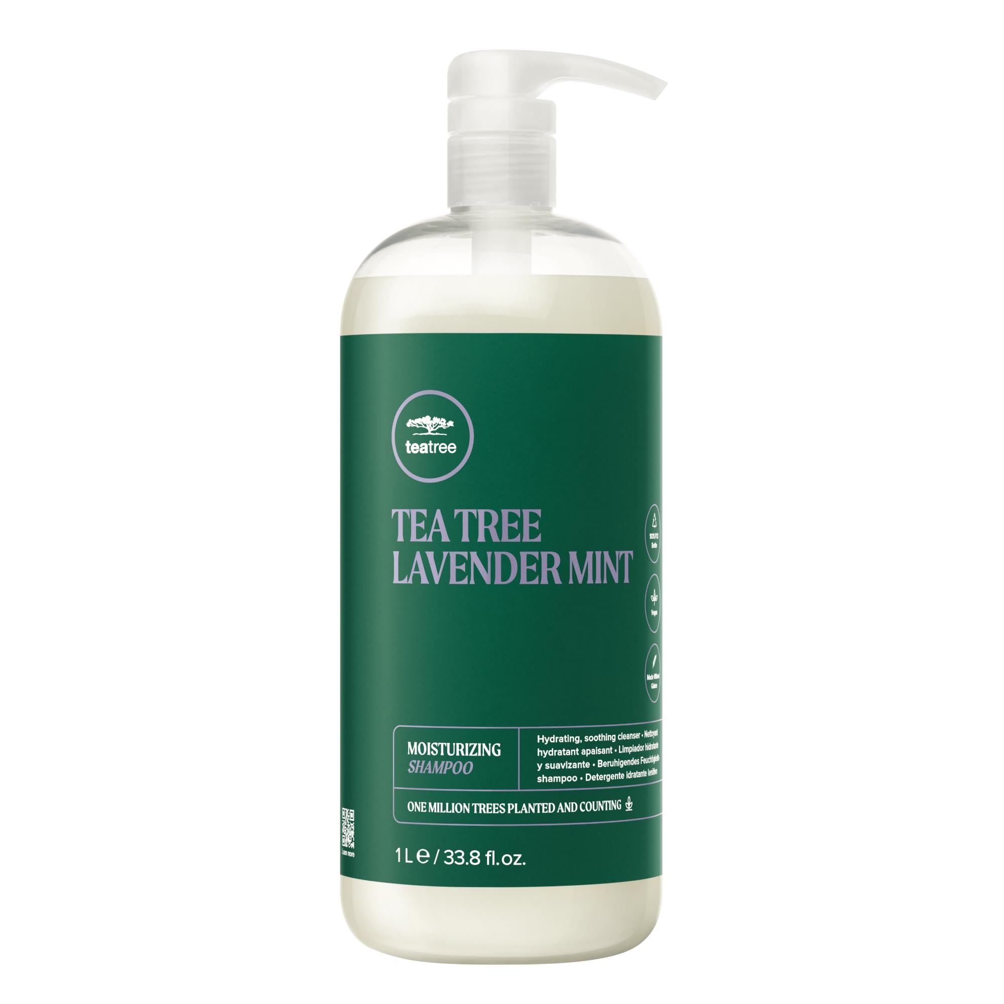 Tea Tree front packaging showing 33.8 fl oz bottle and calming scent benefit
