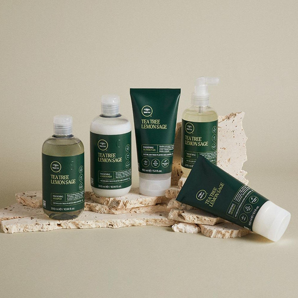Tea Tree label close-up featuring key ingredients for plumping and shine