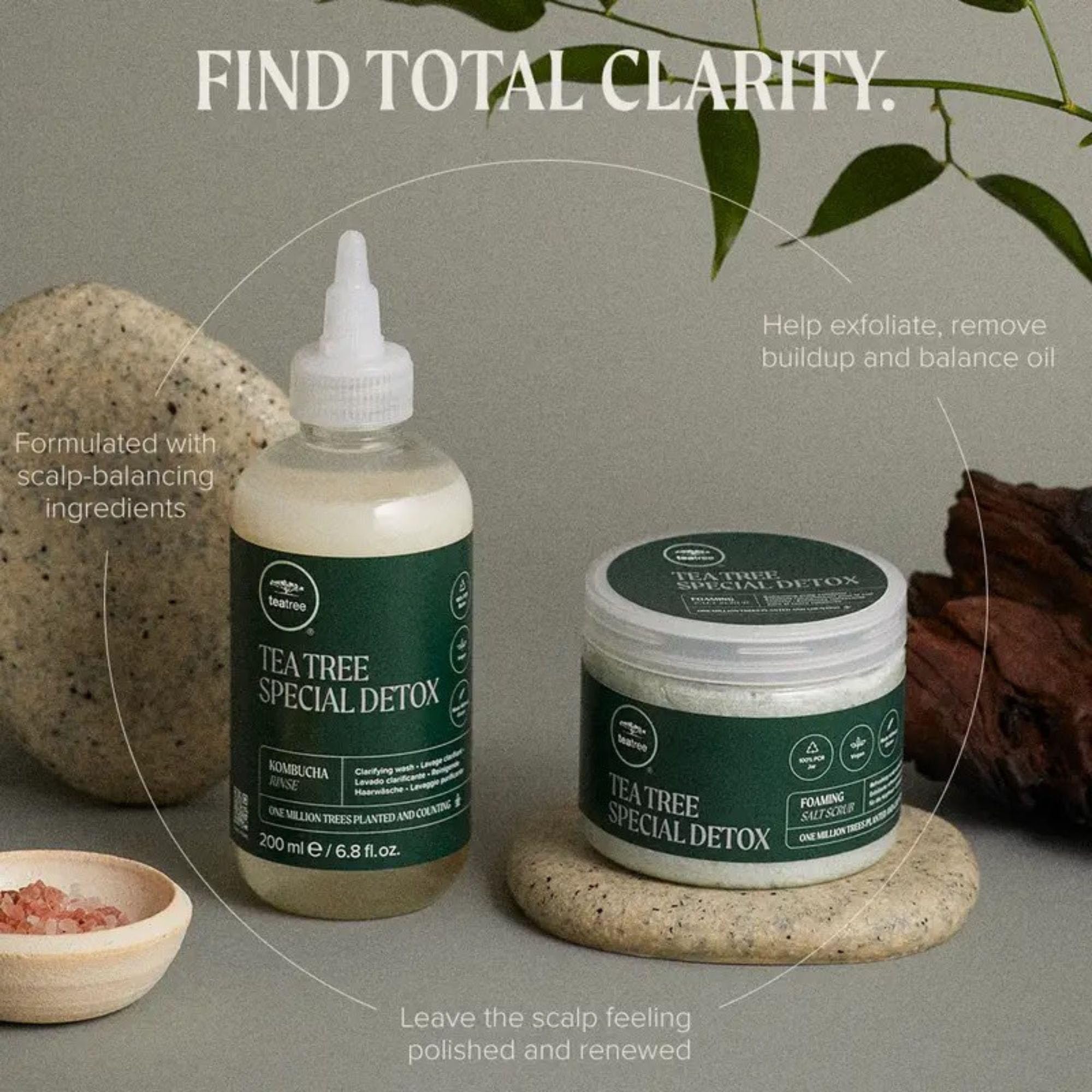 Tea Tree scrub in shower lifestyle scene, conveys refreshing aromatherapy benefit