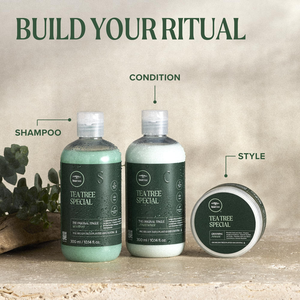 Label detail on Tea Tree pomade showcasing ingredient focus and clarity
