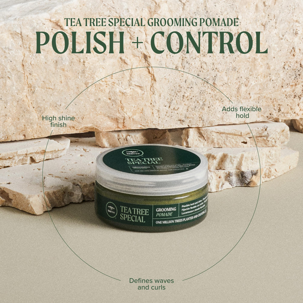 Tea Tree pomade close-up texture highlighting smooth, spreadable formula