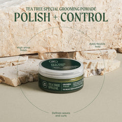 Tea Tree pomade close-up texture highlighting smooth, spreadable formula