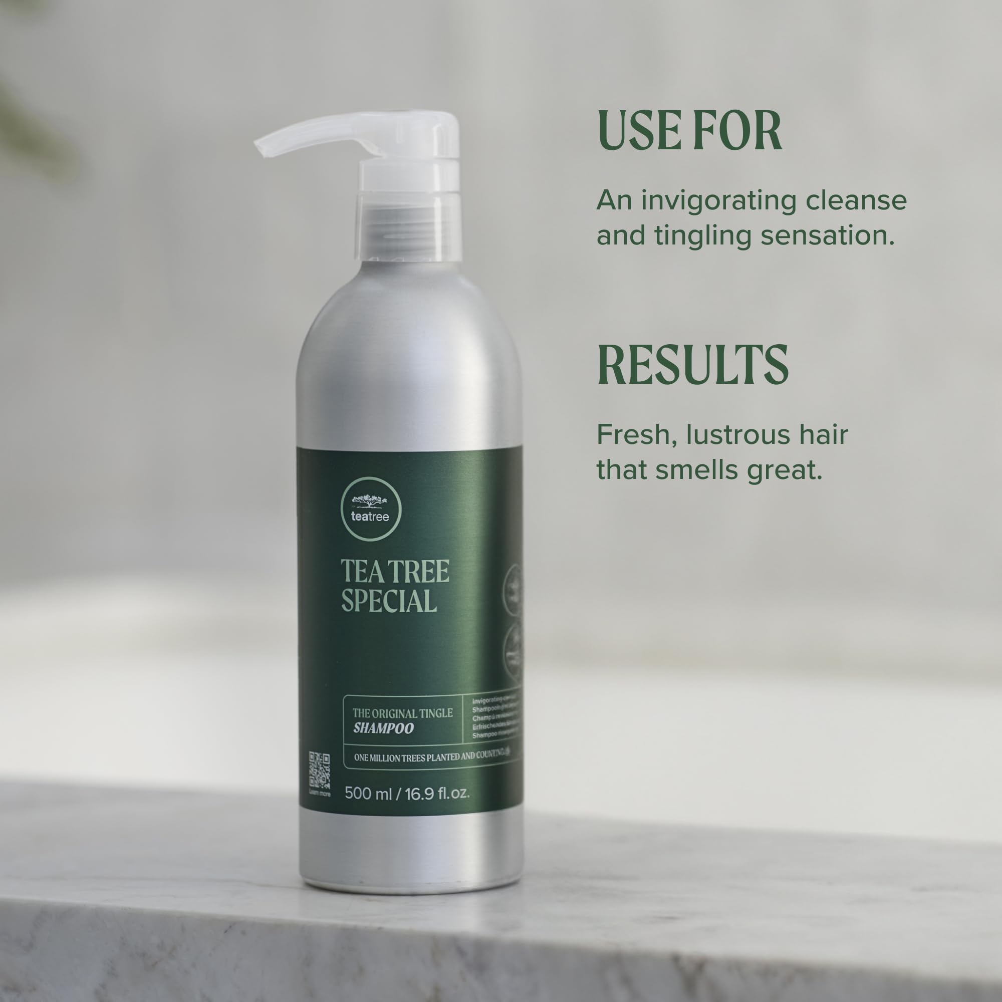 Tea Tree liter refill pouch beside bottle showing waste-reduction benefit