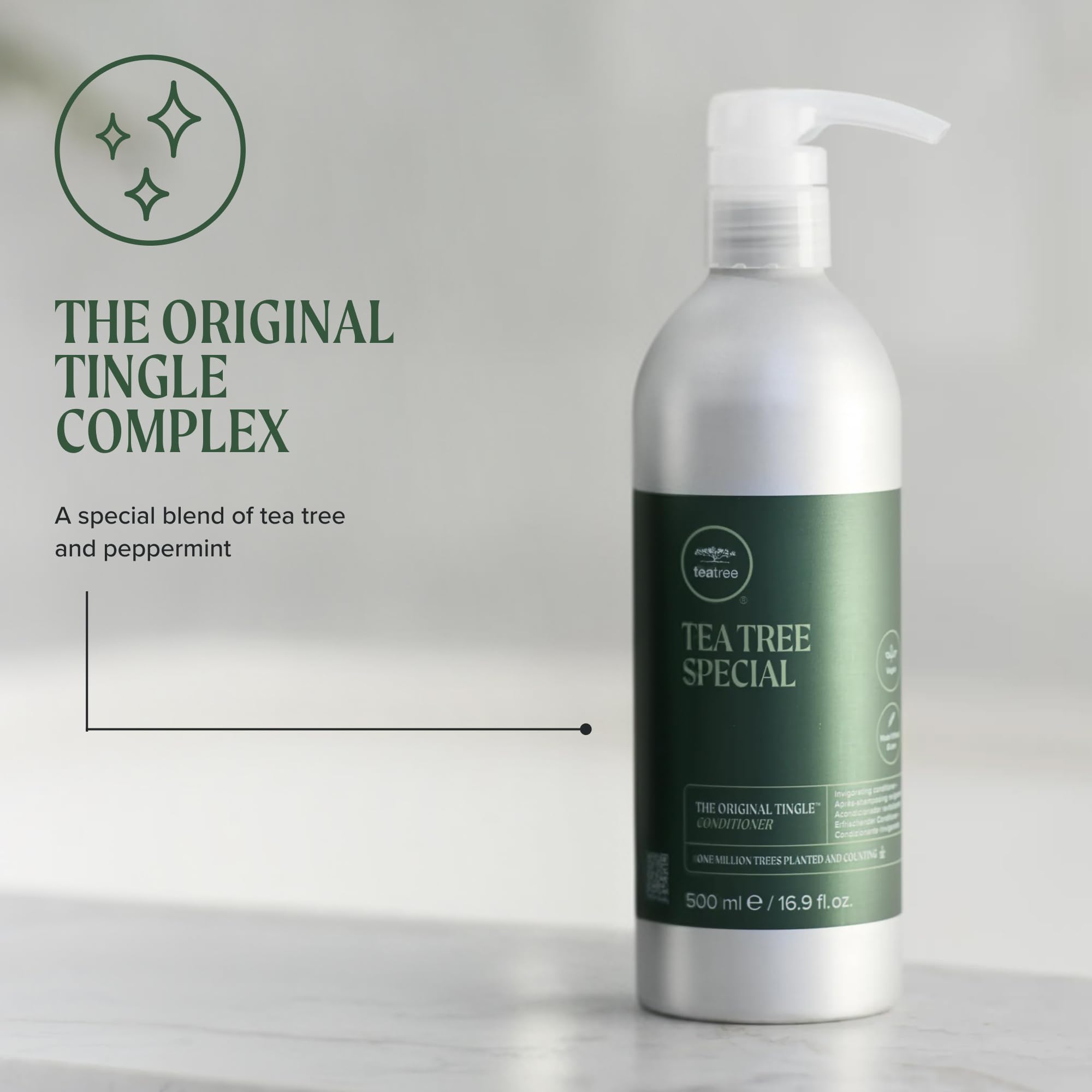 Tea Tree refill pouch beside bottle illustrating refill system and waste reduction