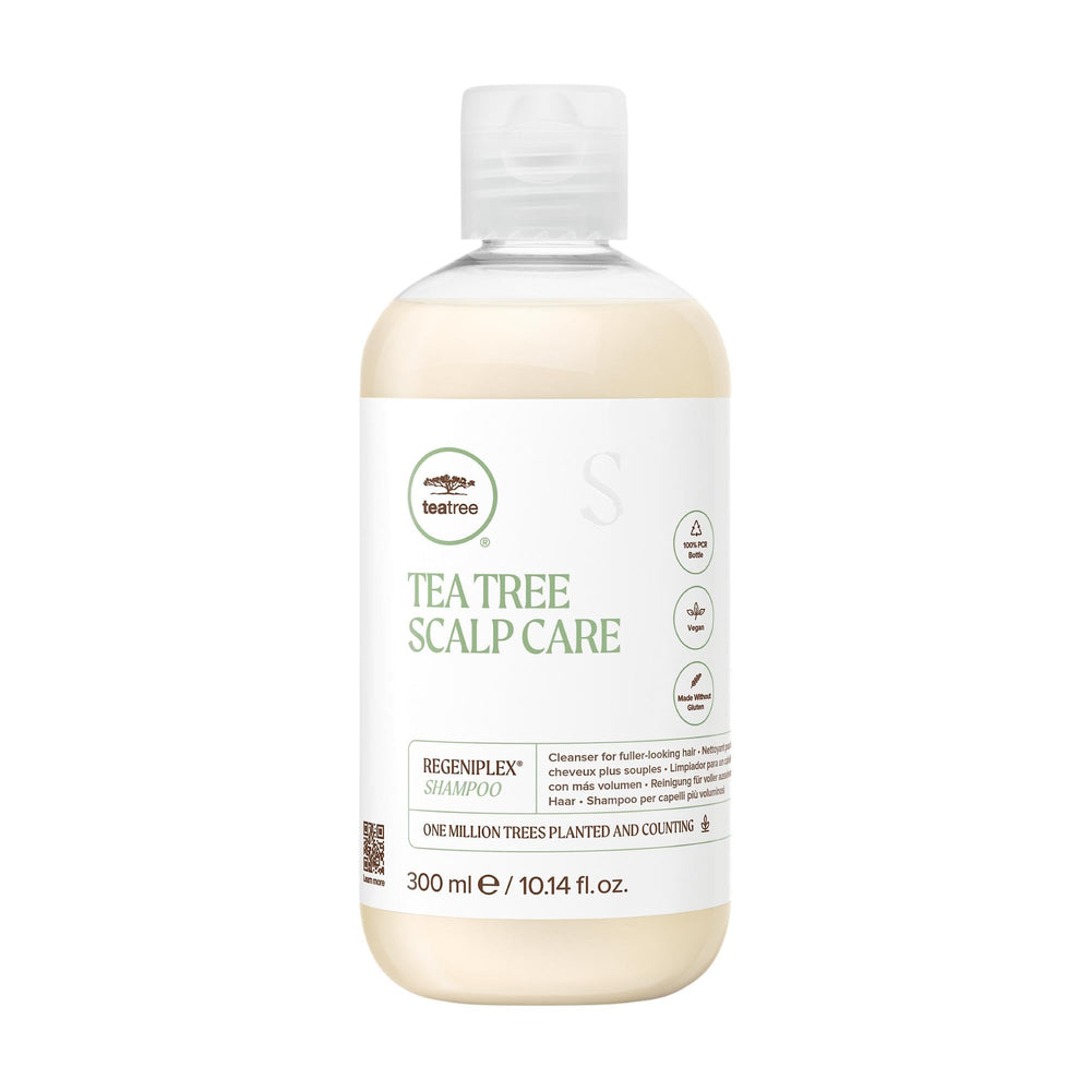 Tea Tree shampoo front bottle showing branding and size, highlights salon quality