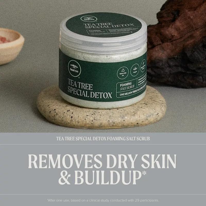 Tea Tree close-up texture of scrub granules, illustrates gentle exfoliating action
