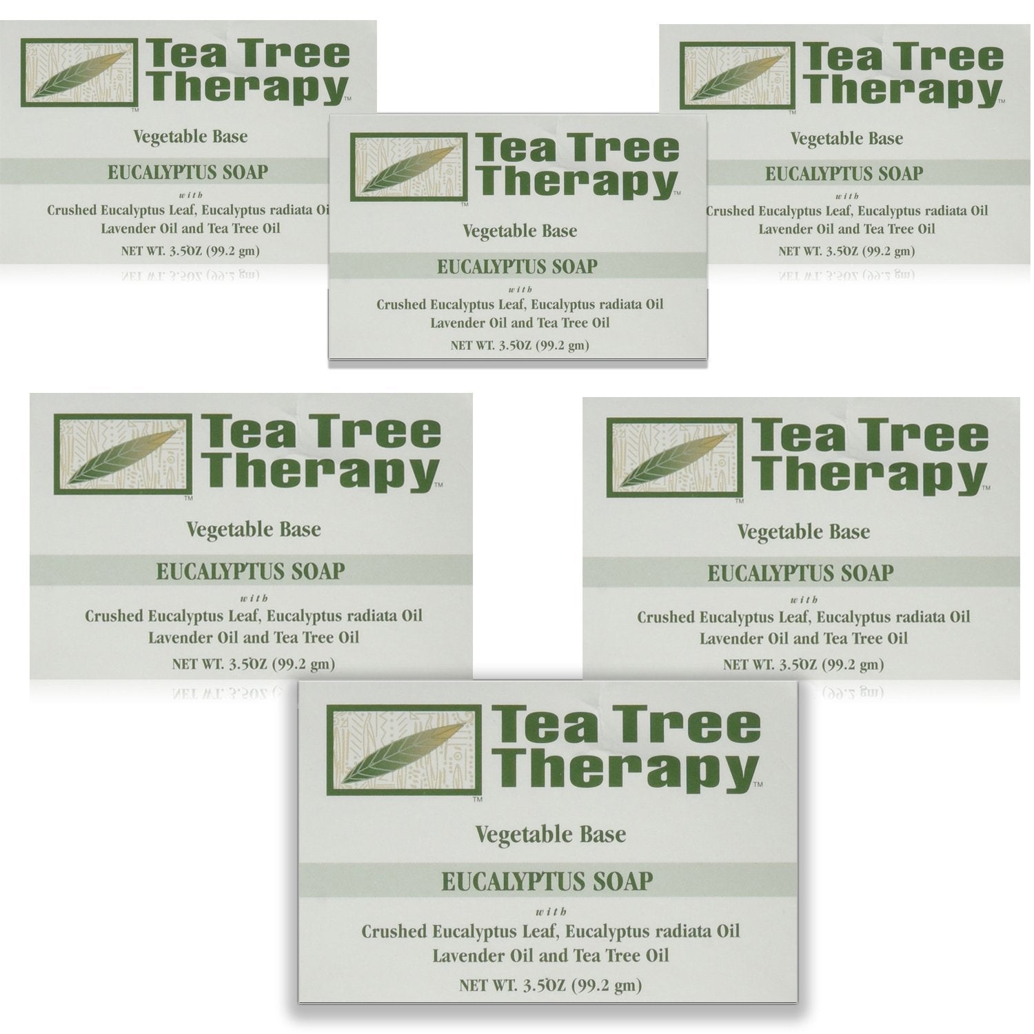 Tea Tree Therapy eucalyptus front packaging showing six bars and clear labeling, promotes plant-based cleansing