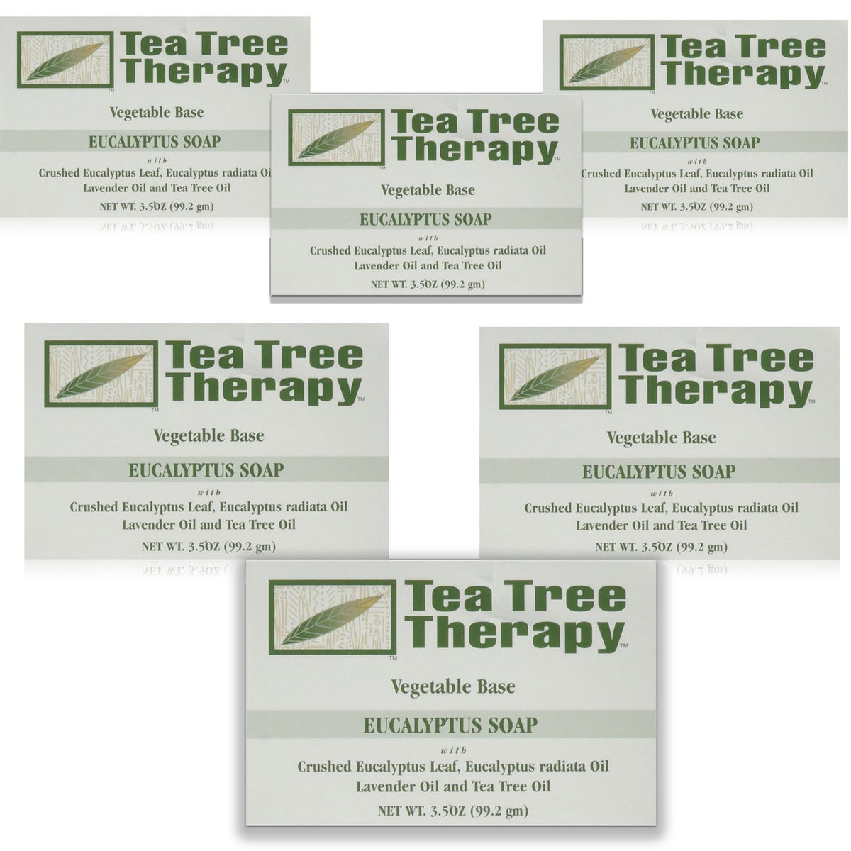 Tea Tree Therapy eucalyptus front packaging showing six bars and clear labeling, promotes plant-based cleansing