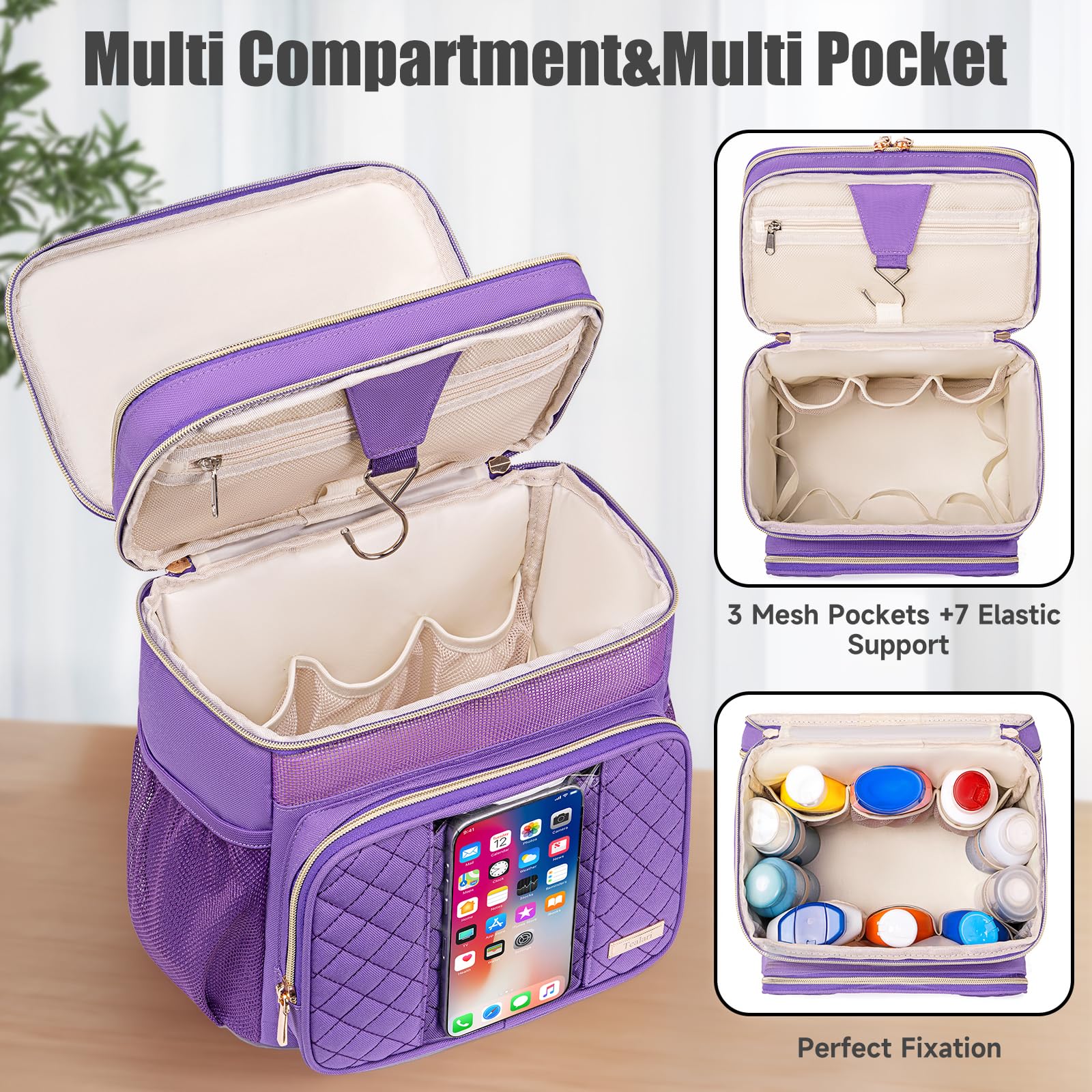Tealari flexible bottle holders and mesh pockets detail keeping bottles upright and ventilated