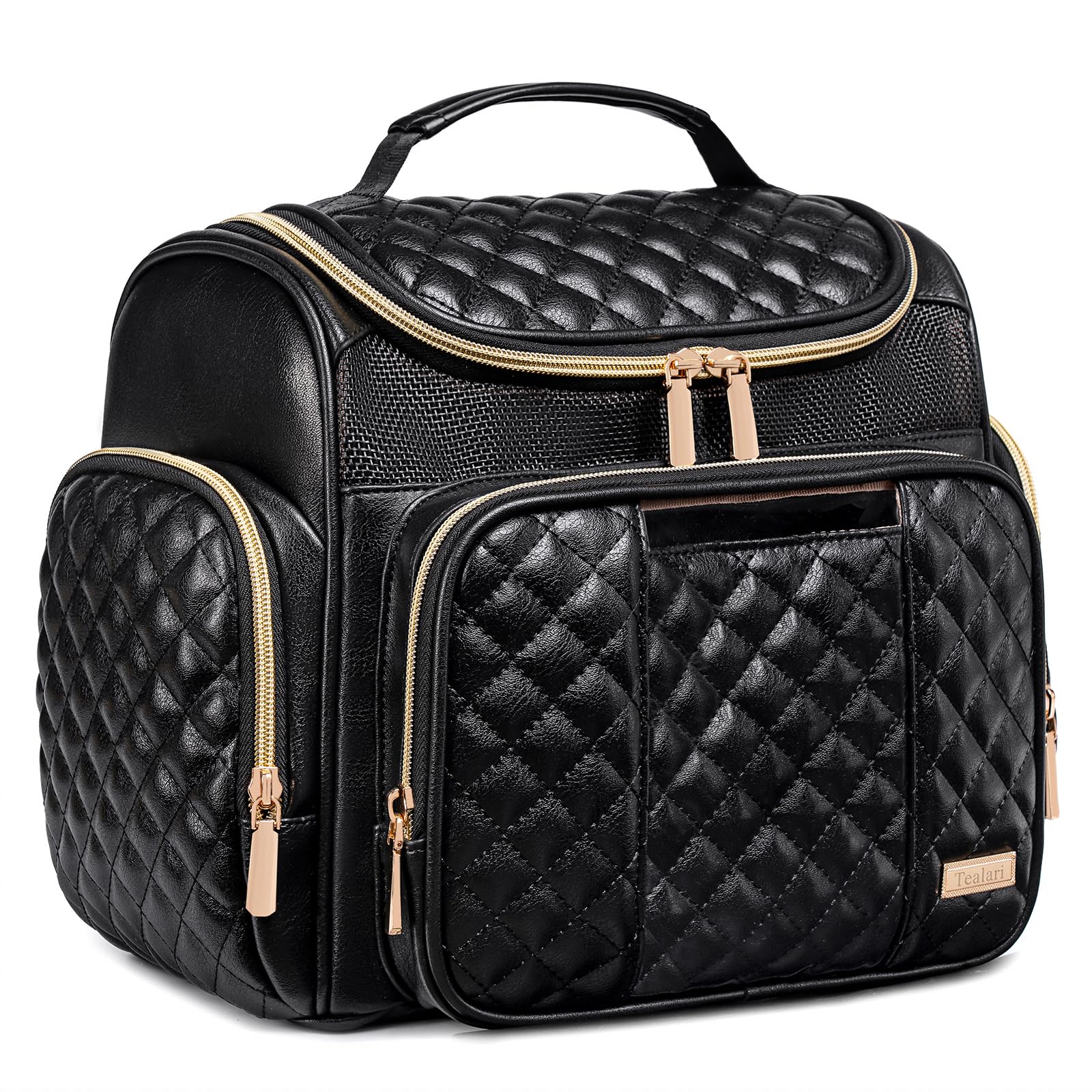 Tealari front view showing organized compartments and durable leather benefit: easy access