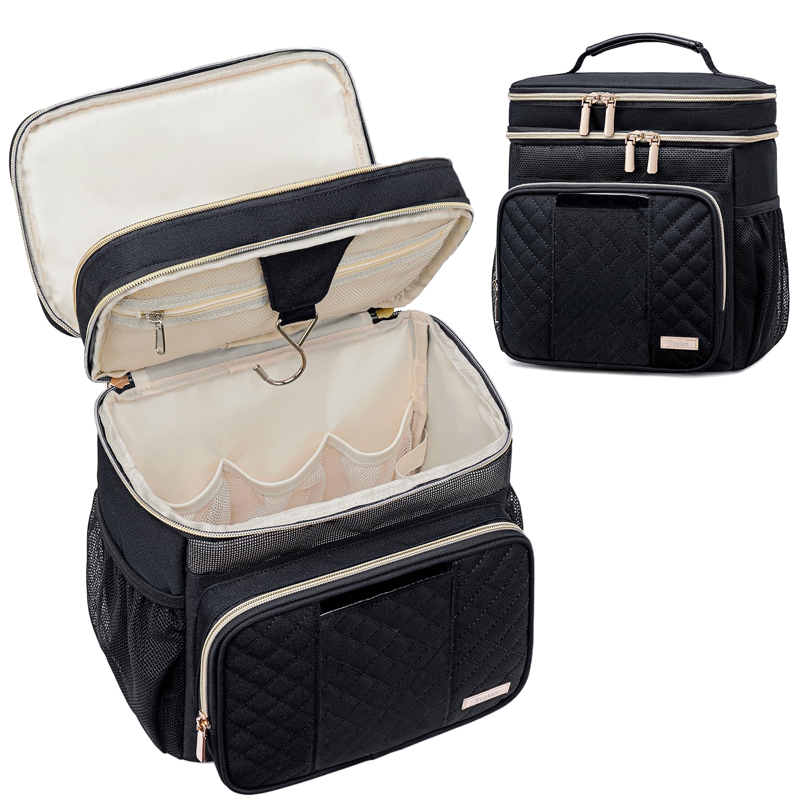 Tealari front view showing organized compartments and durable fabric benefit organization