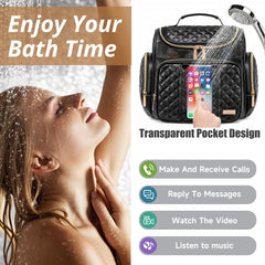 Tealari hanging on shower rod showing hook support benefit: hands-free use