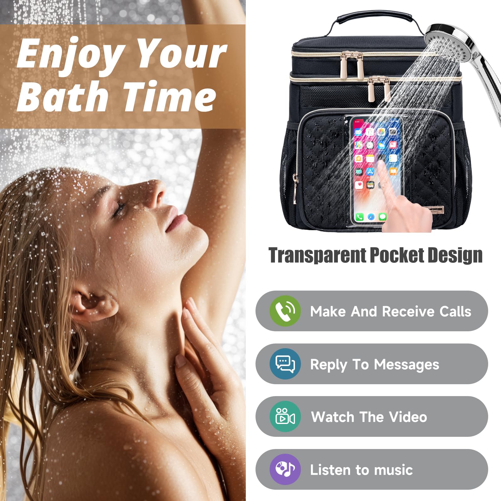 Tealari hanging in shower on metal hook showing secure storage benefit