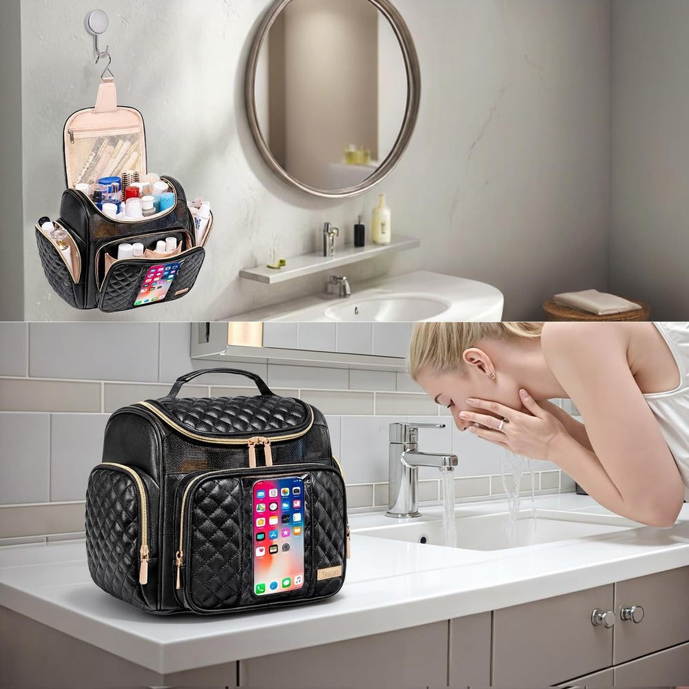 Tealari in dorm bathroom scene showing portable setup benefit: travel-ready organization