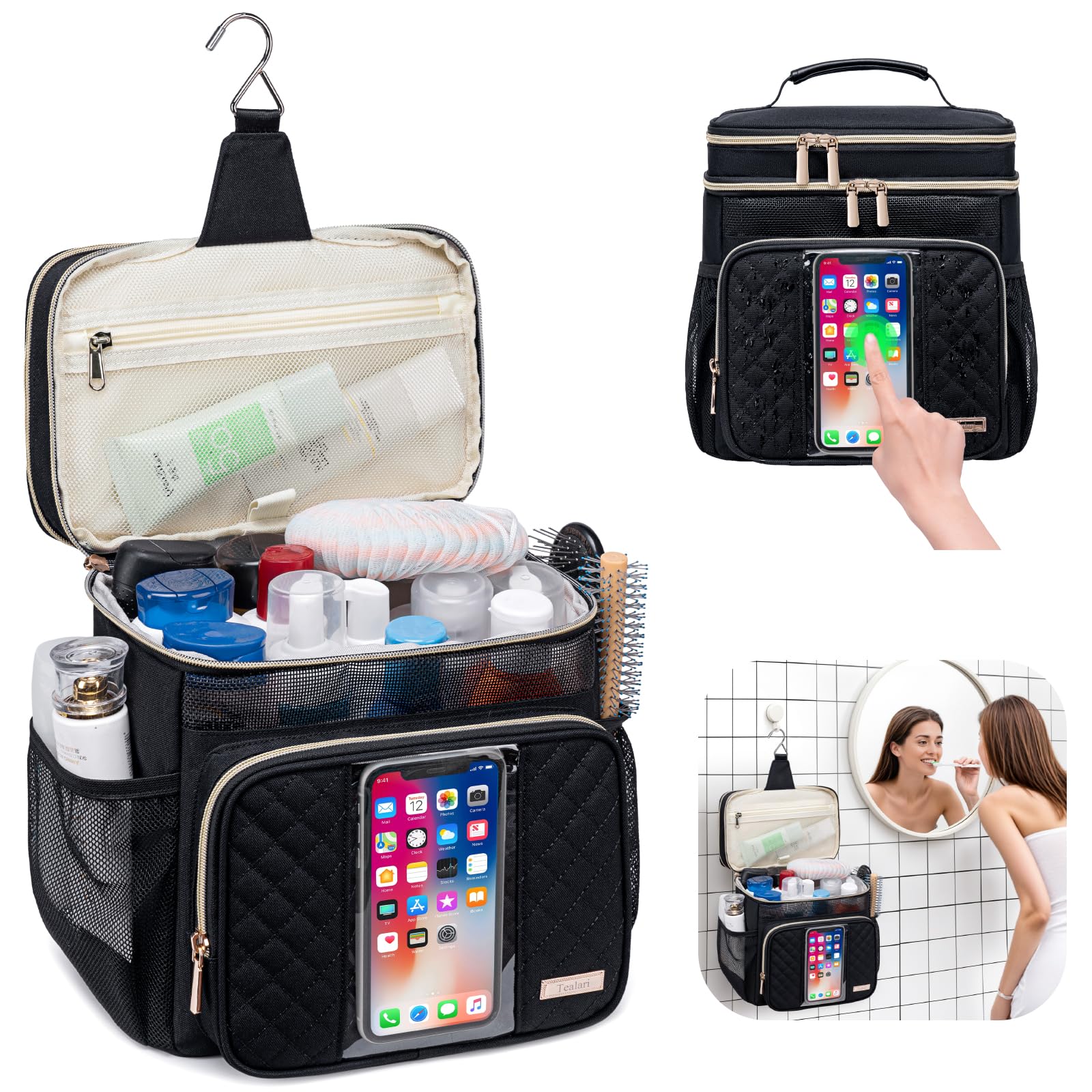 Tealari interior open with bottles and cosmetics showing capacity and easy access