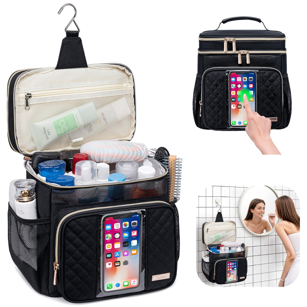 Tealari interior open with bottles and cosmetics showing capacity and easy access