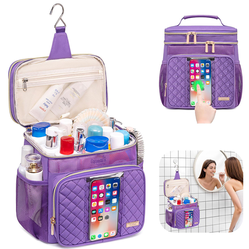 Tealari open bag showing three main zippered compartments for easy packing and access