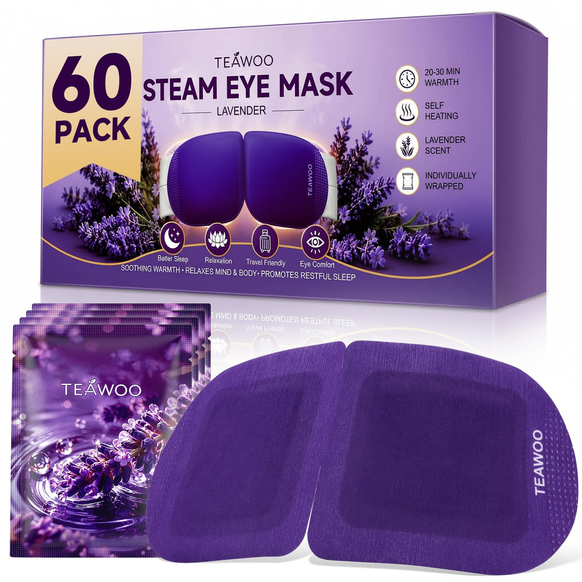 TEAWOO front package showing 60-pack and lavender branding for value
