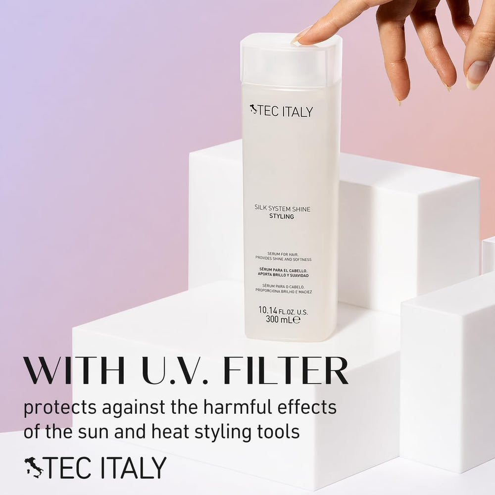 Tec Italy applying serum to hair, shows smooth frizz control benefit