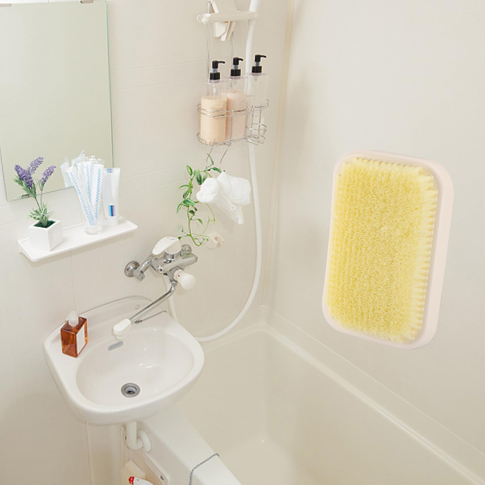Tecbeauty scrubber in use in shower demonstrating hands-free back cleansing