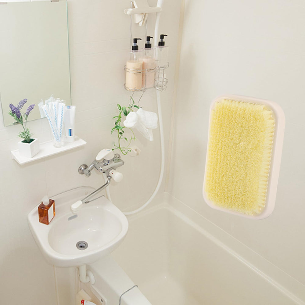 Tecbeauty scrubber in use in shower demonstrating hands-free back cleansing