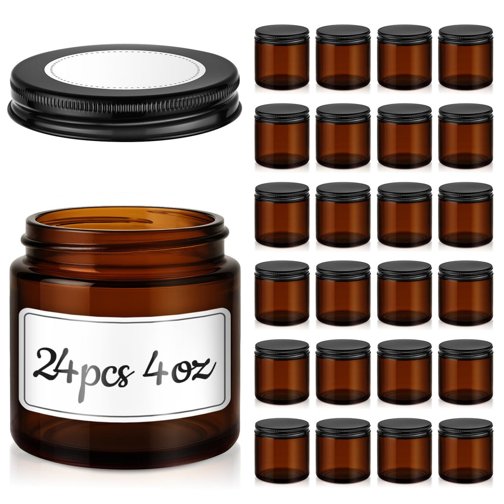 Tecohouse amber glass jars front pack showing 24 jars and lids, durable storage