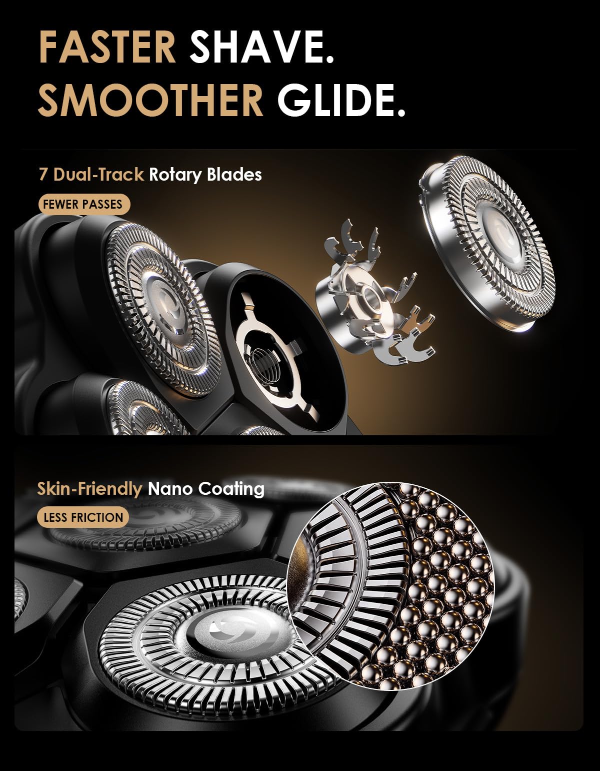 TEKARC 7D Pro dual‑track blades detail for closer shaves